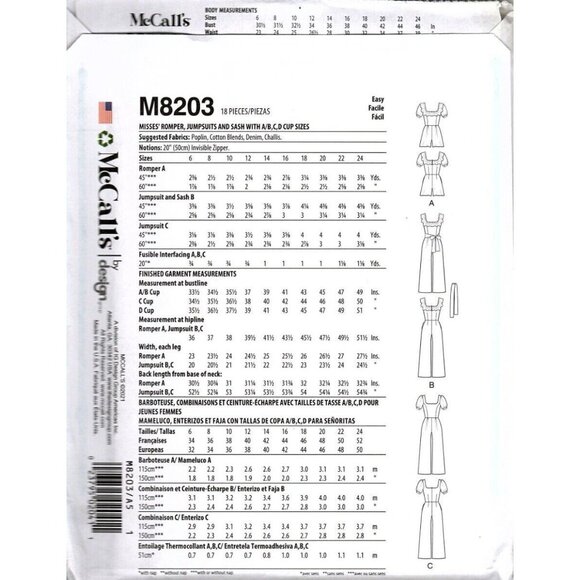 McCall's M8203 Misses 16 to 24 Jumpsuit and Rompers Uncut Sewing Pattern - Picture 2 of 2